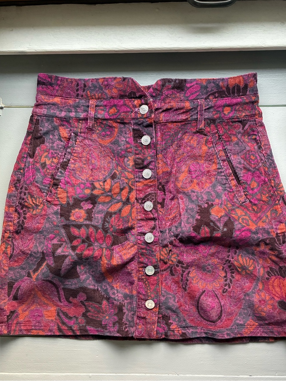 Pilcro Pink and Orange Floral Corduroy Button-Front Mini Skirt